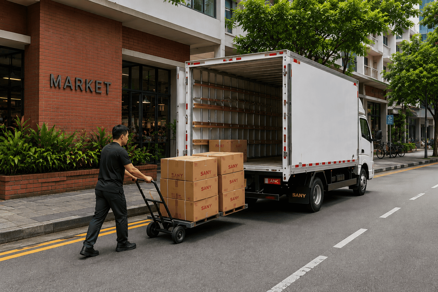 SANY FR381 electric truck loading at market